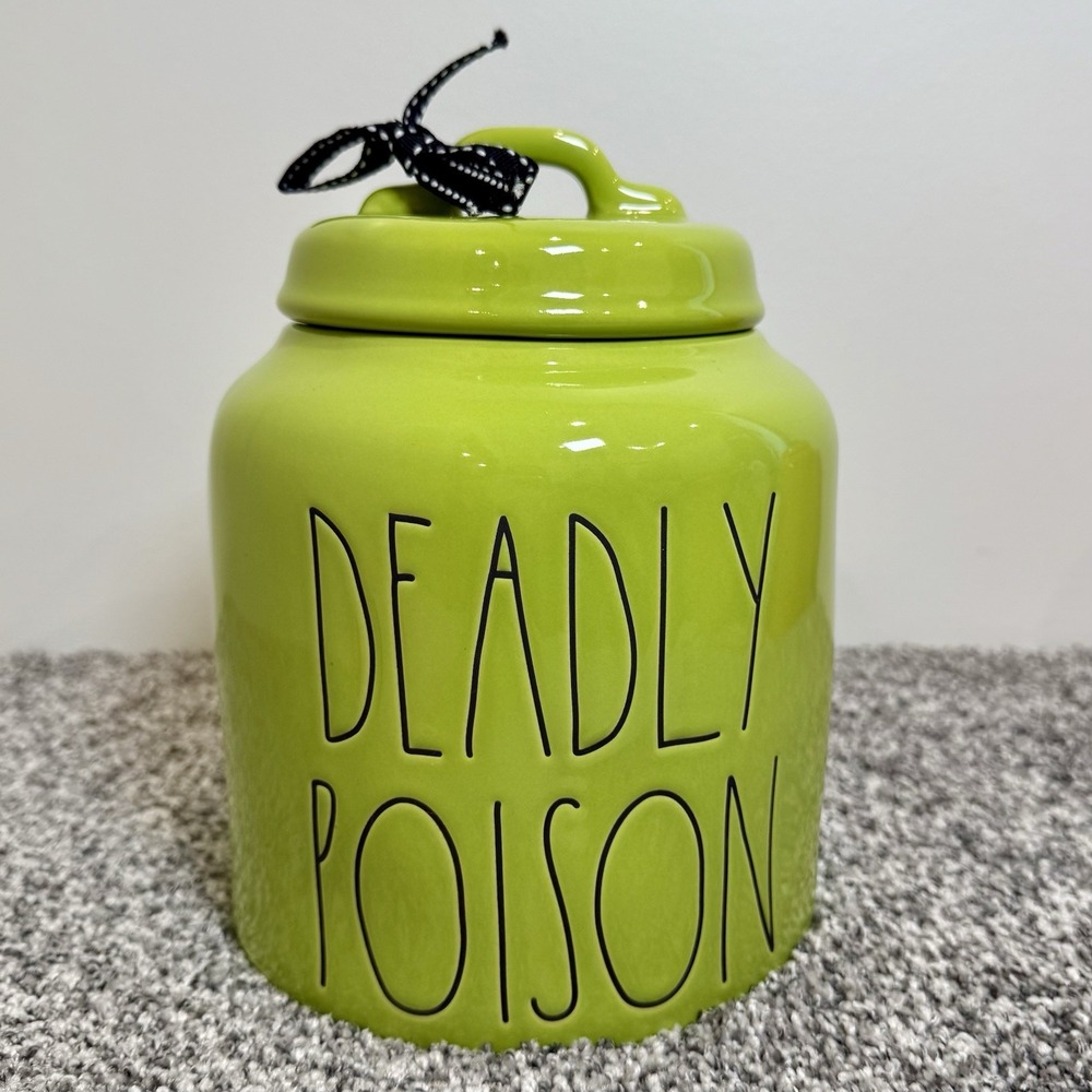 Rae Dunn Glossy Green Chubby Deadly Poison Halloween Canister 8" Tall